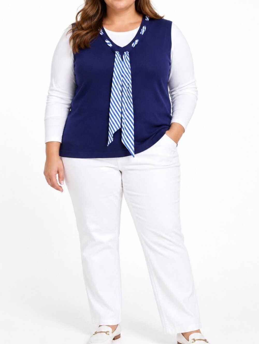 Lauren Ralph Lauren 2X Navy Cotton Sweater Vest Cotton Silk Scarf Tie Plus Size